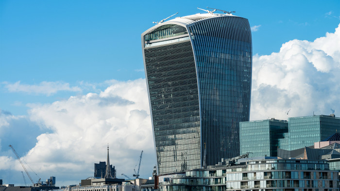 Walkie-Talking Building against blue sky, London, UK