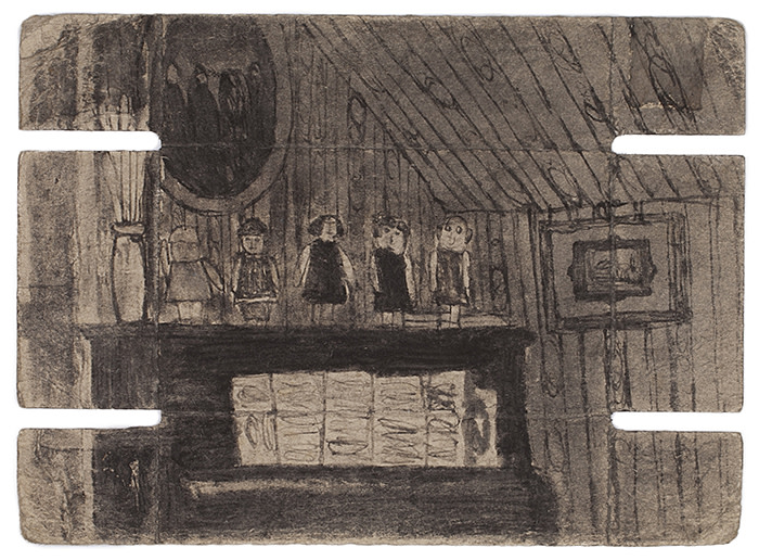 James Castle (1899-1977) Untitled (interior with piano), not dated Found paper, soot 5 1/4 x 7 1/4 in. © 2018 James Castle Collection and Archive