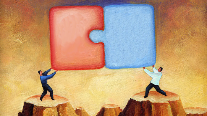 Illustration of two people putting a puzzle piece together