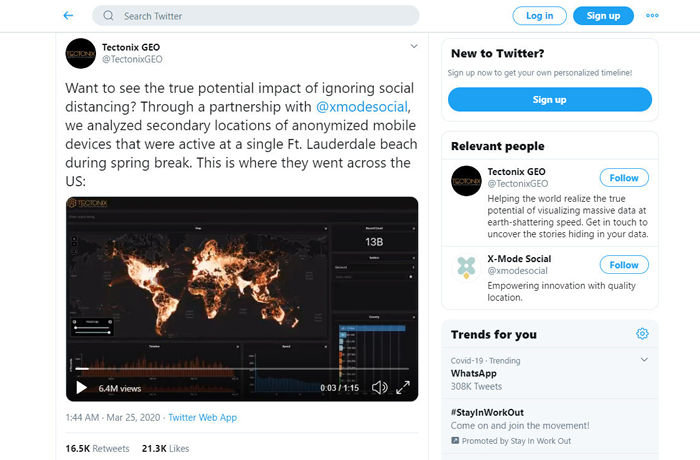 grab from Tectonix twitter feed: The maps were created by data visualization company Tectonix GEO in collaboration with location technology company X-Mode, as part of an effort to track the spread of the coronavirus across the world.