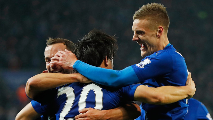 Shinji Okazaki celebrates scoring the first goal for Leicester City with Jamie Vardy and Danny Drinkwater