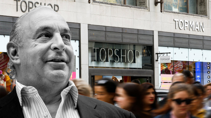 CEO Philip Green of Britain's retail clothing store Topshop poses before opening the chain's New York flagship store, U.S., November 5, 2014. REUTERS/Brendan McDermid/File Photo - D1BETBKWUMAB
People walk past a Topshop and Topman store, owned by Arcadia Group, in central London, Britain, June 5, 2019. REUTERS/Henry Nicholls