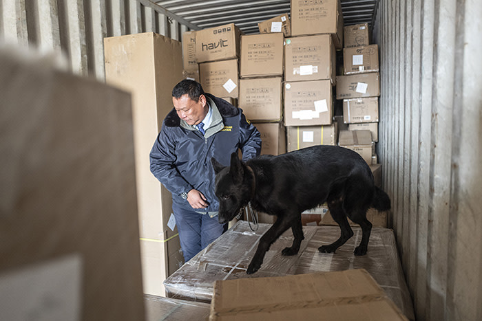 A freight container is searched for illegal shipments. Mongolia only has 34 customs sniffer dogs to cover an area the size of France, Germany and Spain combined 