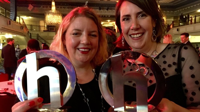 FT Money editor Claer Barrett and FT pensions correspndent Josephine Cumbo celebrate their double awards success at the headline Money Awards 2017 in central London