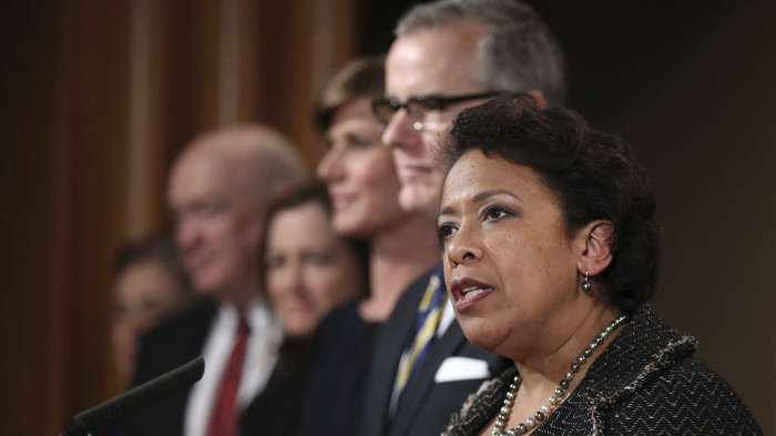 Attorney General Loretta Lynch speaks at a news conference at the Justice Department in Washington, Wednesday, Jan. 11, 2017, to discuss Volkswagen. Six high-level Volkswagen employees have been indicted by a grand jury in the company's diesel emissions cheating scandal, as the company admitted wrongdoing and agreed to pay a record $4.3 billion penalty. (AP Photo/Manuel Balce Ceneta)