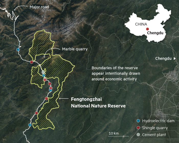 Map locating Fengtongzhai National Nature Reserve in China, and surrounding economic activities, including hydroelectric dams, shingle quarries and cement plant