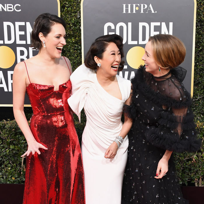 BEVERLY HILLS, CA - JANUARY 06: (L-R) Phoebe Waller-Bridge, Sandra Oh and Jodie Comer attend the 76th Annual Golden Globe Awards at The Beverly Hilton Hotel on January 6, 2019 in Beverly Hills, California. (Photo by Steve Granitz/WireImage)