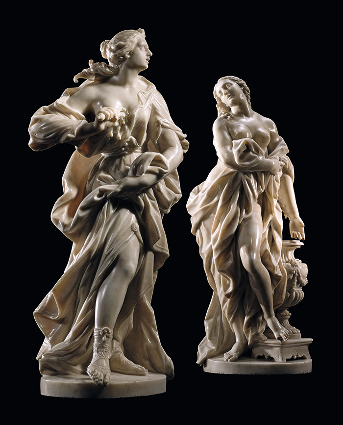 SOTHEBYS LOT 90 PROPERTY FROM AN ITALIAN PRIVATE COLLECTION ATTRIBUTED TO GIOVANNI BATTISTA FOGGINI (1652-1725) ITALIAN, FLORENCE, CIRCA 1700 LUCRETIA AND POMPEIA PAULINA marble 81cm., 31 7/8 in. and 80cm., 31½in. ESTIMATE 180,000-250,000 GBP