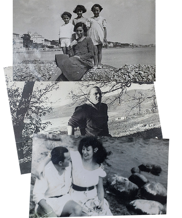 From top: Gattegno as a child (centre) with her mother, sister Lea and younger brother Alberto in Rhodes c1930; Gattegno’s husband Ugo, a former Italian soldier; Gattegno and Ugo