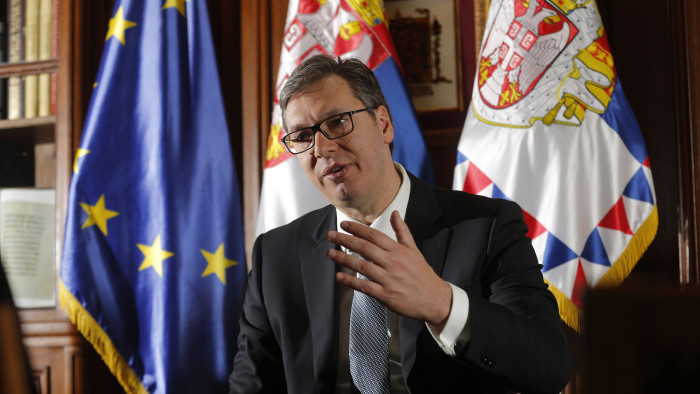 Aleksandar Vucic, Serbia's prime minister, gestures as he speaks during an interview in Belgrade, Serbia, on Wednesday, April 25, 2018. Vucic said a deal with Kosovo, the biggest hurdle to his country joining the European Union, isn’t imminent as both sides remain far apart, forcing him to delay his goal to unveil his proposal within weeks. Photographer: Oliver Bunic/Bloomberg