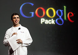 Google co-founder Larry Page introduces Google Pack during his keynote address at the International Consumer Electronics Show January 6, 2006 in Las Vegas, Nevada