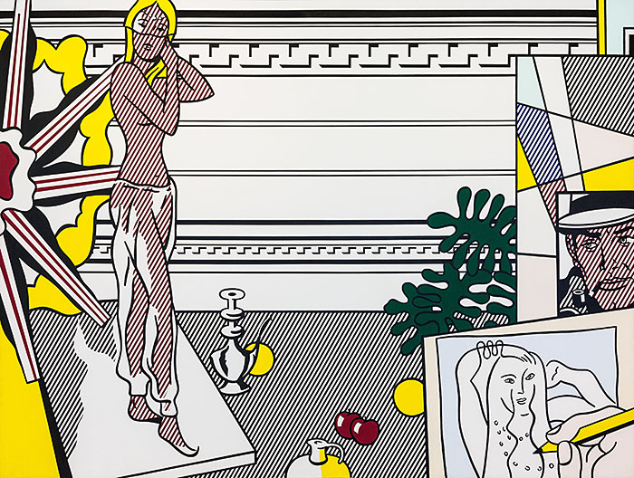 ICA Miami Inaugural Exhibition, The Everywhere Studio Roy Lichtenstein, Artist's Studio with Model, 1974. Oil and Magna on canvas, 243.8 x 325.1 cm (96 x 128 in.) Collection of Irma &amp; Norman Braman.