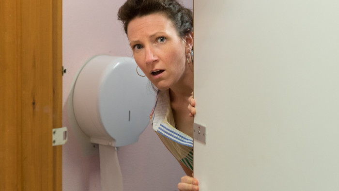 Liz Richardson comes out from a toilet in 'Gutted', a tale of 'love, laughter and lavatories'