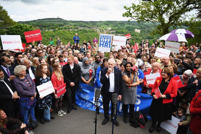 Labour leader Jeremy Corbyn was forced to use a handheld megaphone to address the crowd when he visited Beaumont Park in Huddersfield