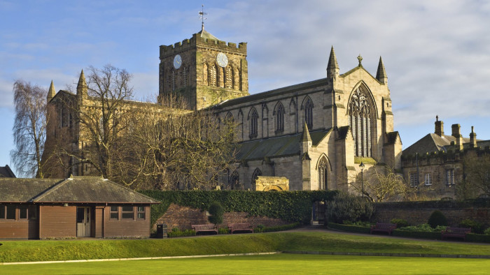 Hexham Abbey across the Bowling Green.