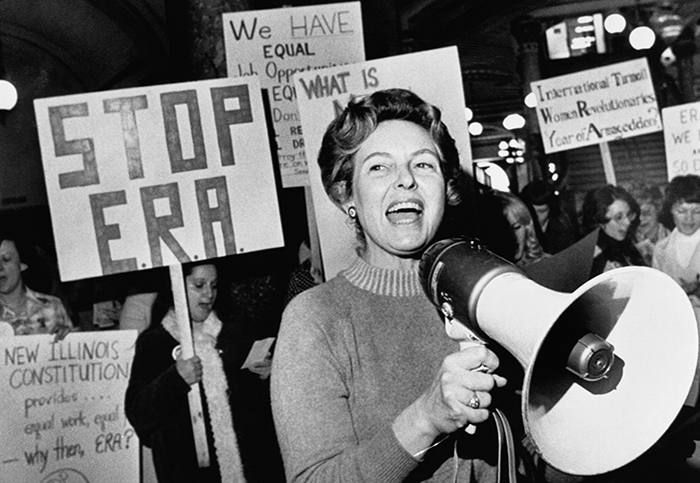 The real-life Phyllis Schlafly campaigning against the ratification of the ERA in the 1970s