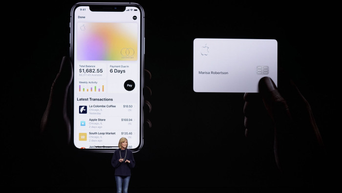 FILE- In this March 25, 2019, file photo, Jennifer Bailey, vice president of Apple Pay, speaks about the Apple Card at the Steve Jobs Theater during an event to announce new products in Cupertino, Calif. The Apple-branded credit card that‚Äôs designed primarily for mobile use will start rolling out on Tuesday, Aug. 6. (AP Photo/Tony Avelar, File)