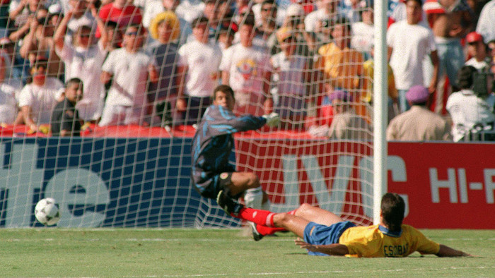 Andrés Escobar scores an own goal against the US in 1994