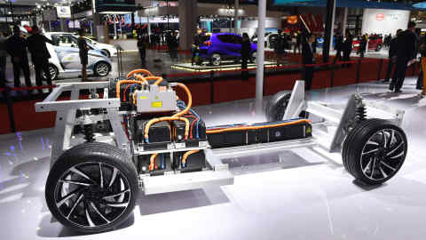 This photo taken on April 17, 2019 shows the chassis and batteries of an electric car designed by GTECH Shanghai, on display at the Shanghai Auto Show in Shanghai. (Photo by GREG BAKER / AFP)GREG BAKER/AFP/Getty Images