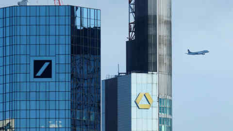 FILE PHOTO: Outside view of the Deutsche Bank and the Commerzbank headquarters in Frankfurt, Germany, March 18, 2019. REUTERS/Ralph Orlowski/File Photo