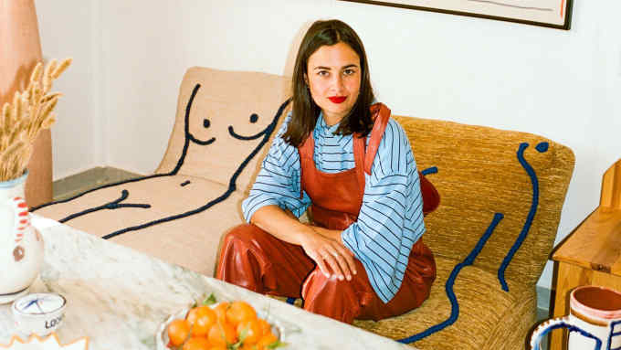 Laurence Leenaert, sitting on pouffs of her own design in Lrnce's studio in Marrakech
