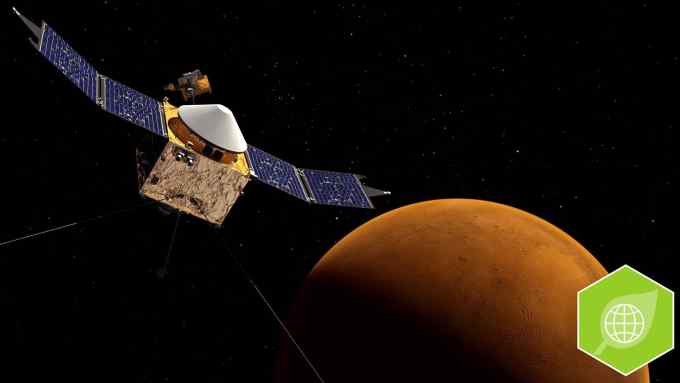 Liquid water possible on Mars ...epa04954404 (FILE) A file picture of an undated artist's concept, made available by NASA on 22 September 2014, shows the MAVEN spacecraft orbiting Mars. A new analysis of data collected by NASA's Mars Reconnaissance Orbiter (MRO) on 28 September 2015 suggests the possibility of liquid water exisiting on Mars. EPA/NASA/Goddard Space Flight Center HANDOUT EDITORIAL USE ONLY