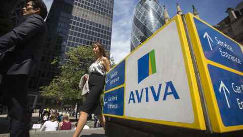 A sign outside the headquarters of Aviva in the city of London.