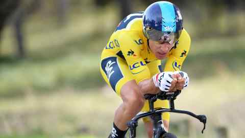 14 March 2019, France, Barbentane: Team Sky Polish cyclist Michal Kwiatkowski wearing his overall leader yellow jersey competes in the fifth stage of the 77th edition of the Paris-Nice cycling race, a 25.5 km individual time trial from Barbentane to Barbentane. Photo: David Stockman/BELGA/dpa