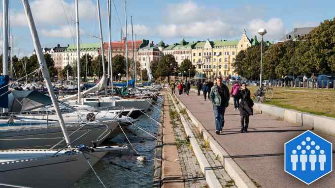 A view along Merisatama port and promenade towards the prestigious Merikatu Street in Helsinki. (Photo by: Loop Images/UIG via Getty Images)