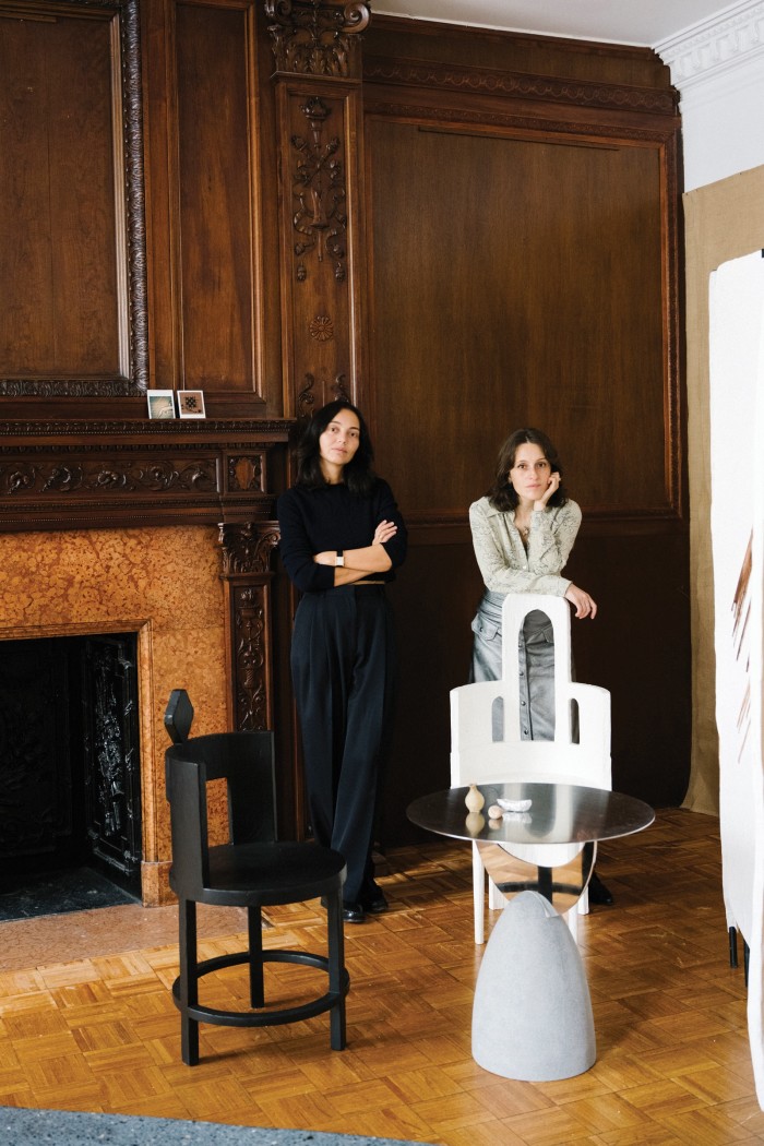 Rooms Studio designers Keti Toloraia (left) and Nata Janberidze with (from left) their Sculptural Chair I, Half Moon Coffee Table II and Sculptural Chair III