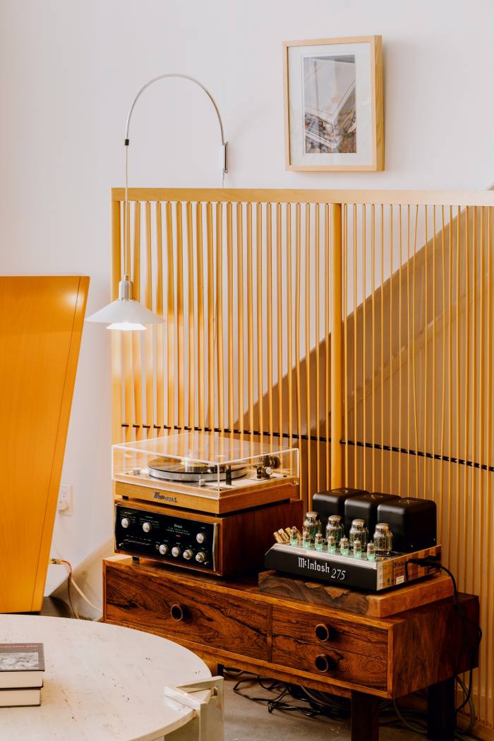 McIntosh 275 powered amplifier, $7,100. Vintage 1960’s McIntosh c28 preamplifier, $1,950. Jørgen Gammelgaard for Pandul arc sconce reimagined by The Somerset House, $1,050