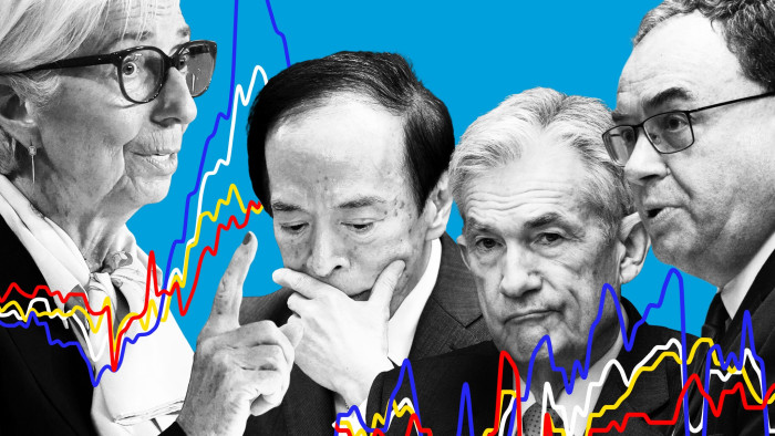Montage of central bankers Christine Lagarde, Kazuo Ueda, Jay Powell and Andrew Bailey 