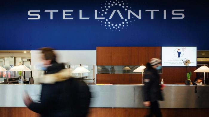 A Stellantis NV logo in the reception area of the automaker’s technical centre near Paris