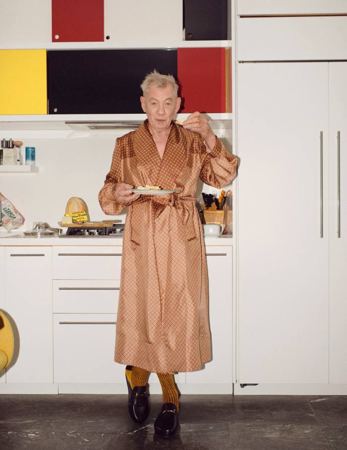 Stokey-Daley fan Sir Ian McKellen wearing one of the designer’s silk robes