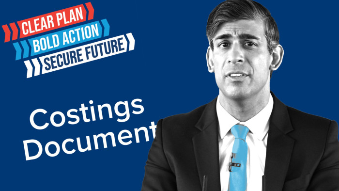 Montage of Rishi Sunak against a backdrop of the Conservative manifesto costings document