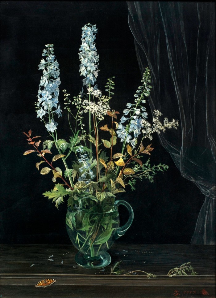 Delicate oil painting of tall stems with blue cascading flowers