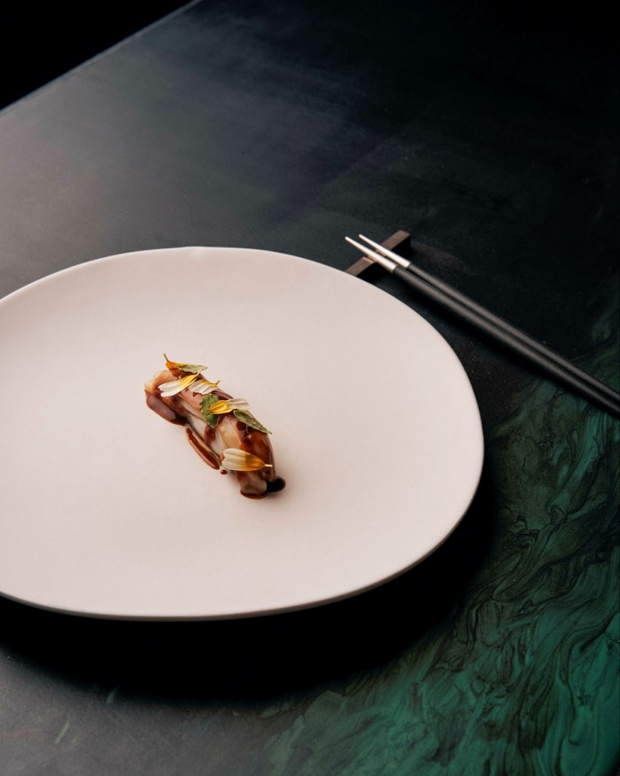 Carreira’s dishes include Scottish raw razor clams, barattiere cucumber and fermented finger-lime caramel