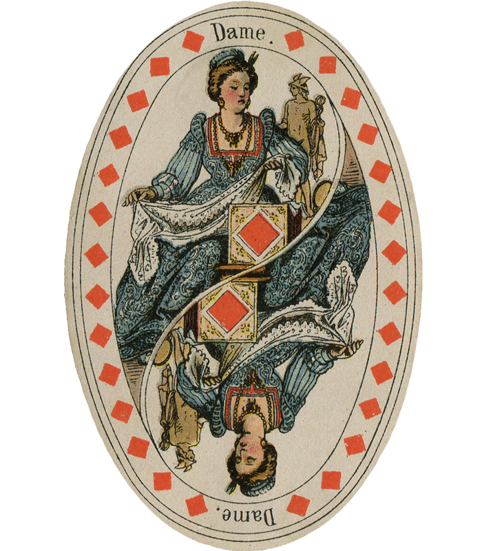 An oval playing card from the diamonds suit with an older woman in a blue paisley dress reflected up and down