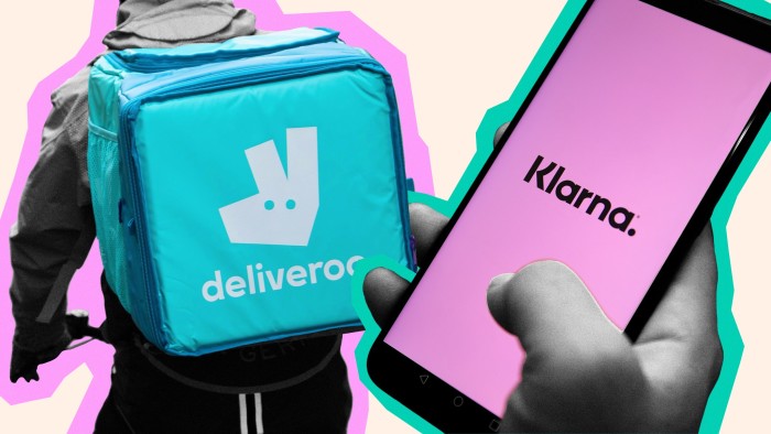 Two images, one of a Deliveroo rider and another of a hand holding a mobile with the Klarna app on the screen.