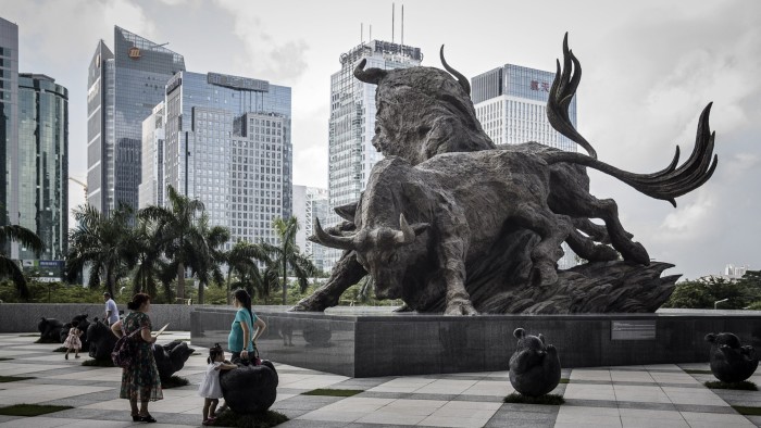Sculpture of bulls outside the Shenzhen Stock Exchange building in Shenzhen, China
