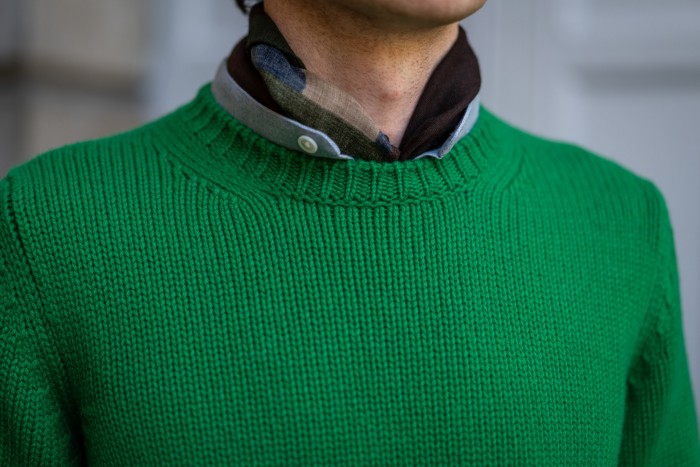 Anderson & Sheppard 12-ply cashmere sweater, £785, cashmerello collarless shirt, £345, and wool neckerchief, £95