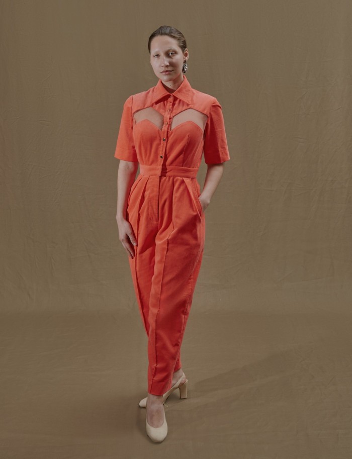 Sonia Taouhid cotton corduroy Etienne jumpsuit in neon coral, £320