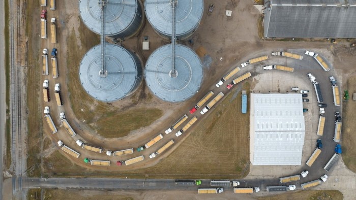Trucks transport grains at the port of Greenville in Mississippi, US