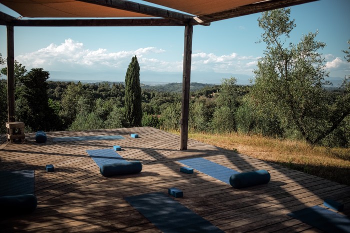 Yoga mats laid out at Villa Lena in Tuscany