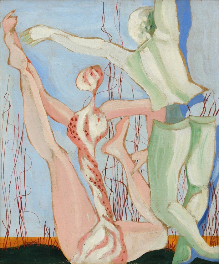 Oil painting of orange and green human figures