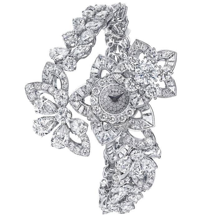 Graff’s new white-gold and diamond Peony secret watch can be worn as a bracelet, with the face hidden, POA