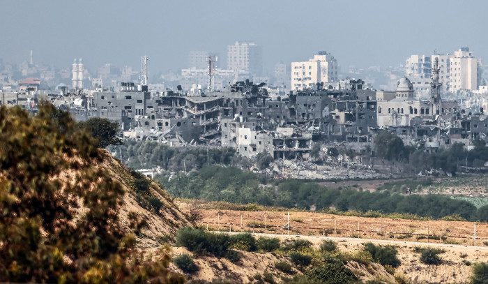 Buildings destroyed in the northern part of the Gaza Strip as seen from Sderot in Israel