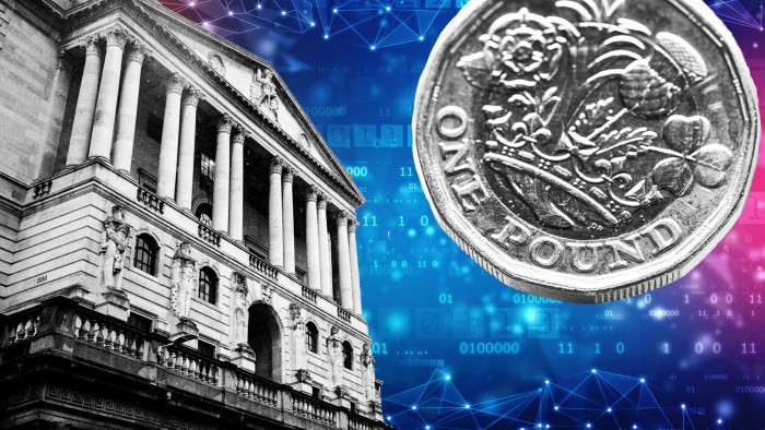 Montage of Bank of England and £1 coin with binary numbers in the background