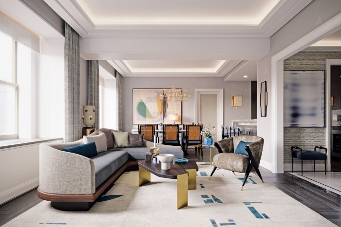The living room in a condominium at the Waldorf Astoria