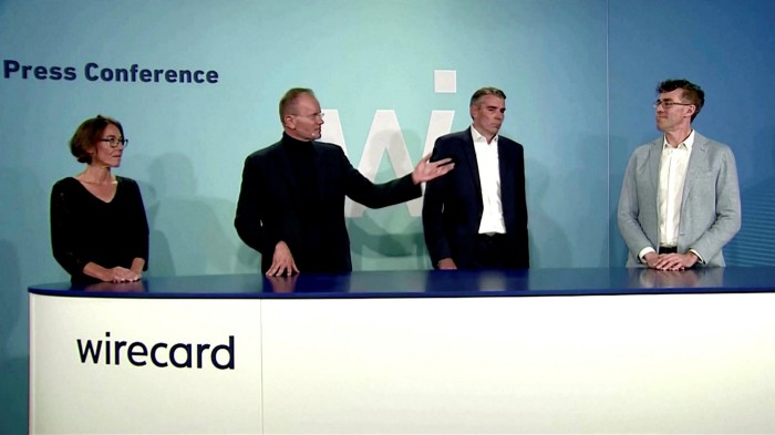 Wirecard chief product officer Susanne Steidl, former CEO Markus Braun, chief financial officer Alexander von Knoop and current CEO James Freis during a statement at the company’s Aschheim headquarters on July 8